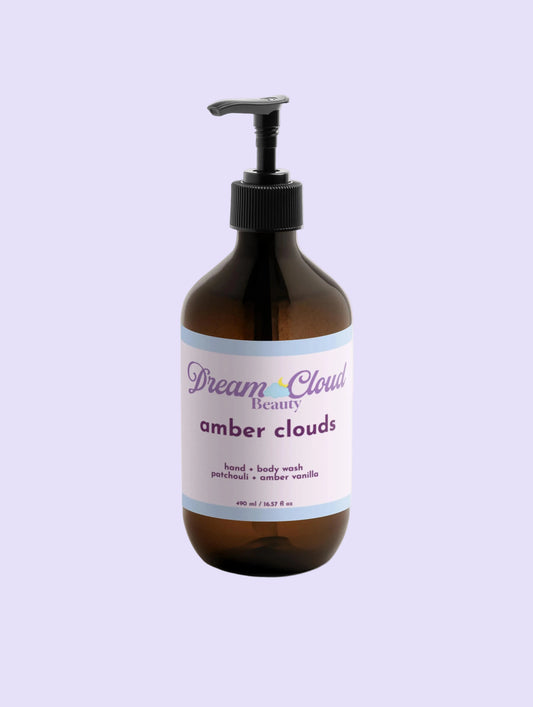 amber clouds hand + body wash, patchouli + amber vanilla