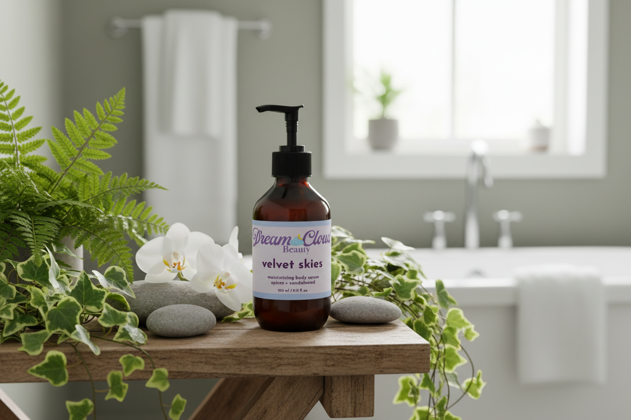 "velvet skies" moisturizing body serum, spices + sandalwood