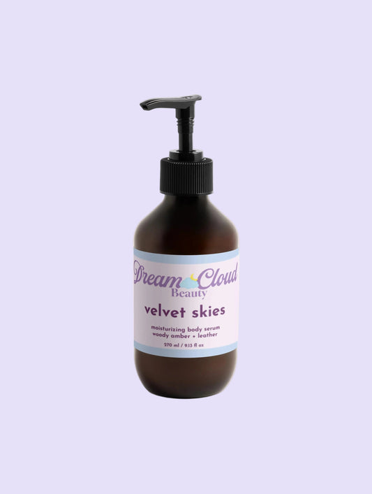 "velvet skies" moisturizing body serum, woody amber + leather