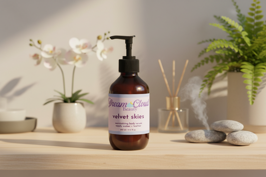"velvet skies" moisturizing body serum, woody amber + leather