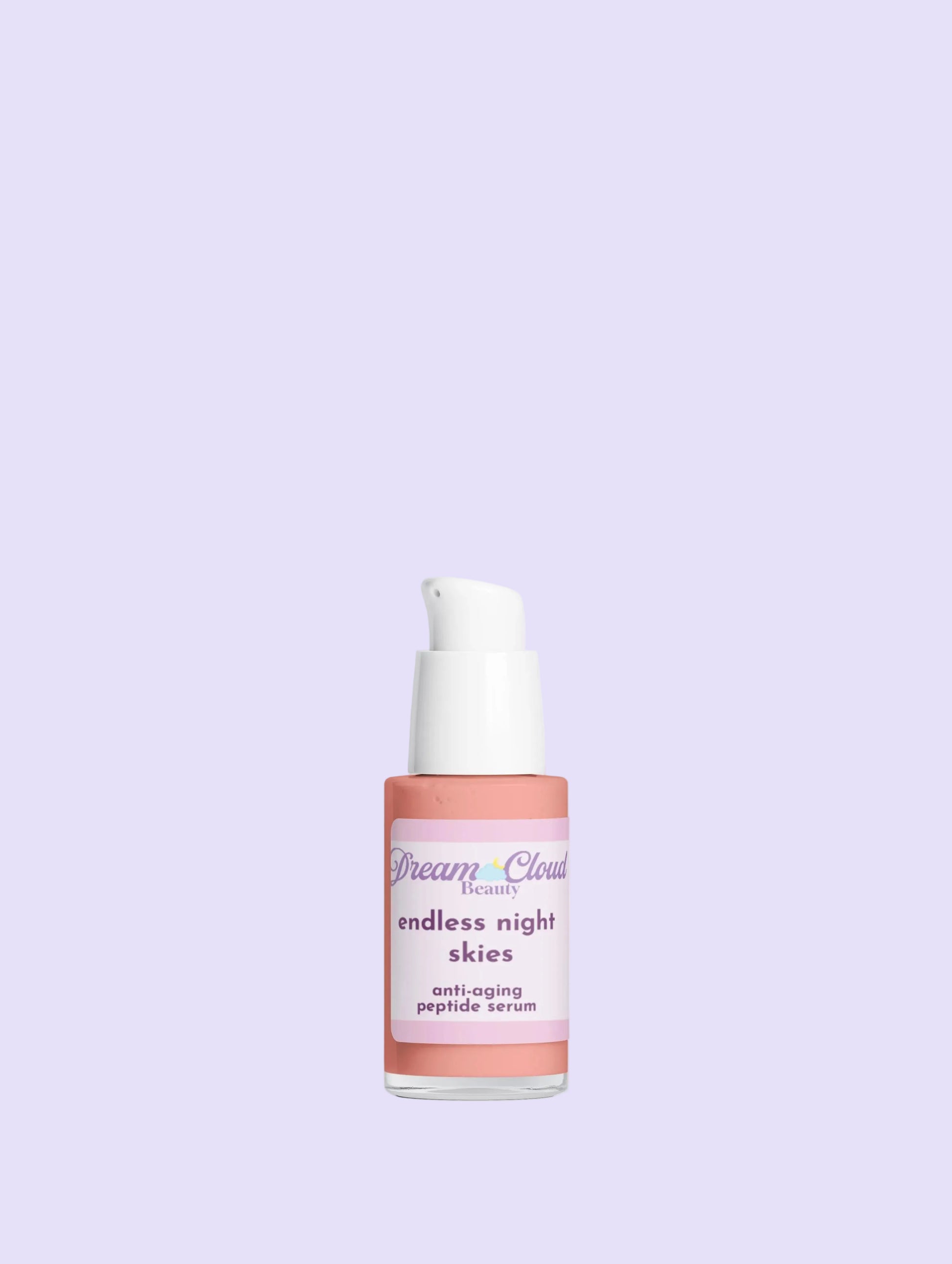 Skincare bottle labeled 'Endless Night Skies' on a light gray background